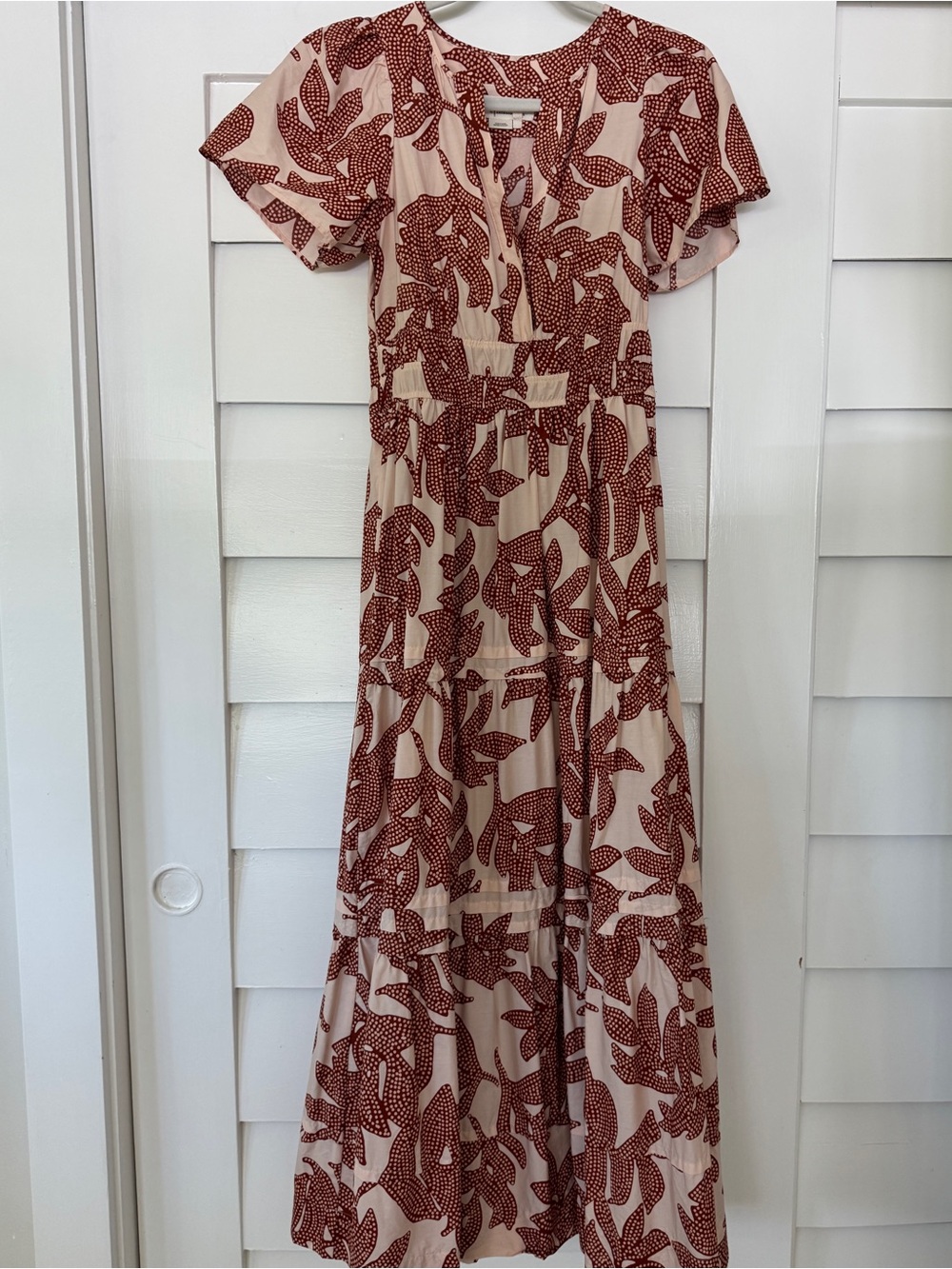 Anthropologie Red Leaf-Print Maxi Dress